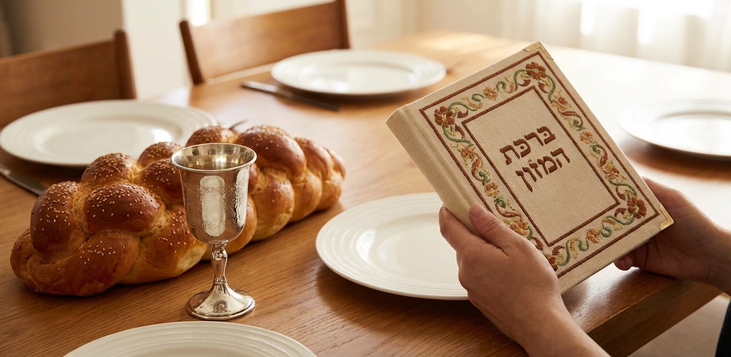 אדם אוחז בסידור ברכת המזון מעוטר על שולחן שבת עם חלות וגביע קידוש