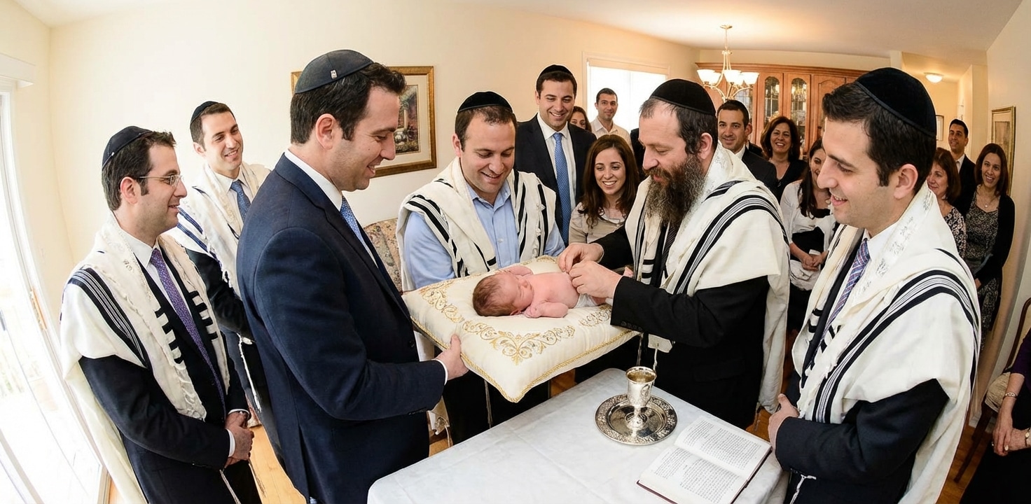 טקס ברית מילה מסורתי בבית – מוהל מבצע את הברית על תינוק המוחזק על ידי סנדק, מוקפים במשפחה ואורחים.