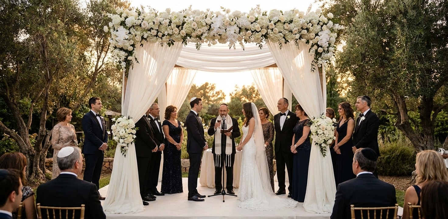 טקס חופה מרגש בגן אירועים פתוח, עם חתן וכלה עומדים תחת חופה מעוצבת בפרחים לבנים, מוקפים במשפחה ואורחים.