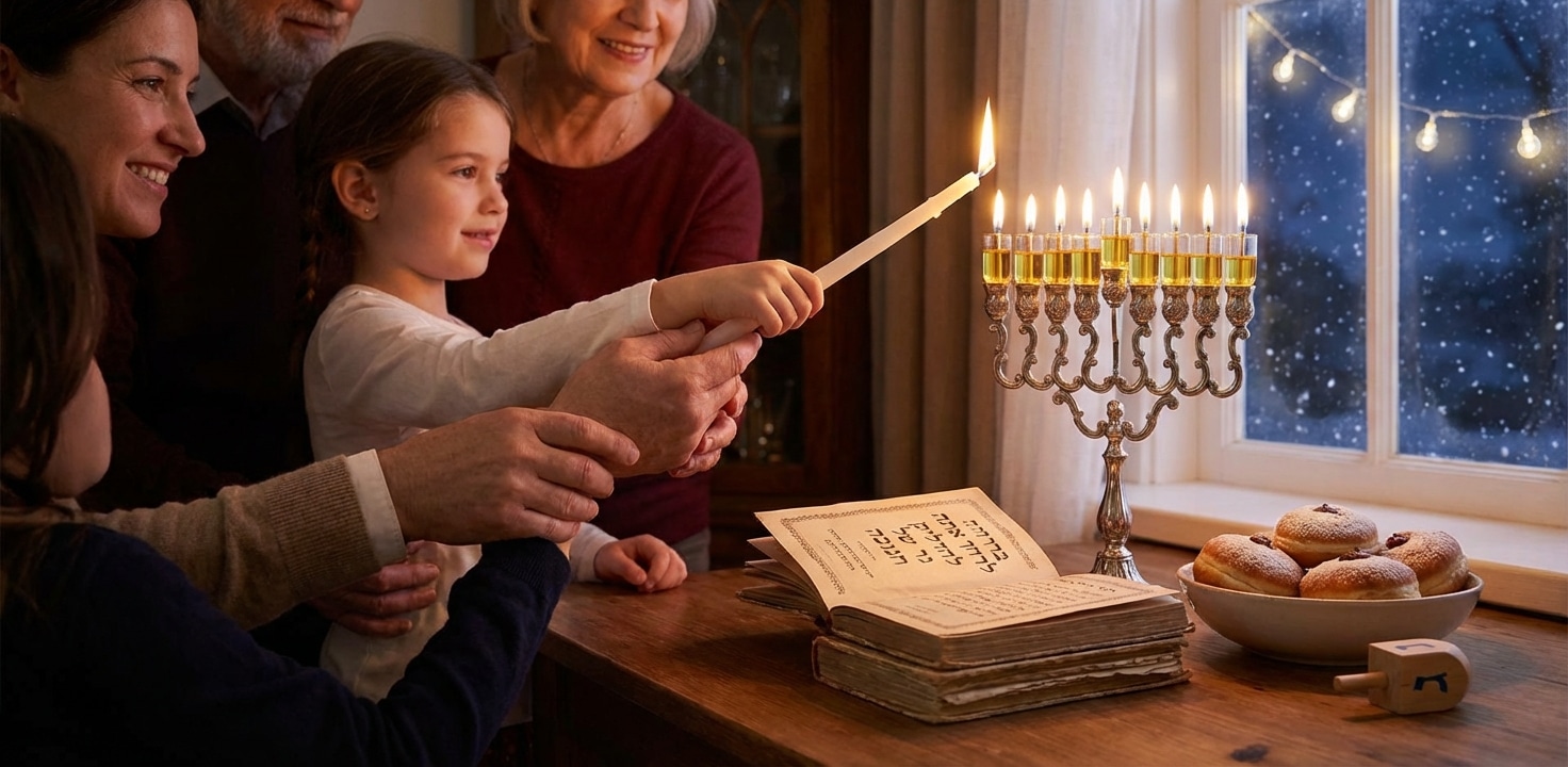 משפחה רב-דורית חוגגת את חג החנוכה ומדליקה יחד חנוכיית שמן חגיגית, לצד קערת סופגניות, סביבון וסידור פתוח על השולחן.