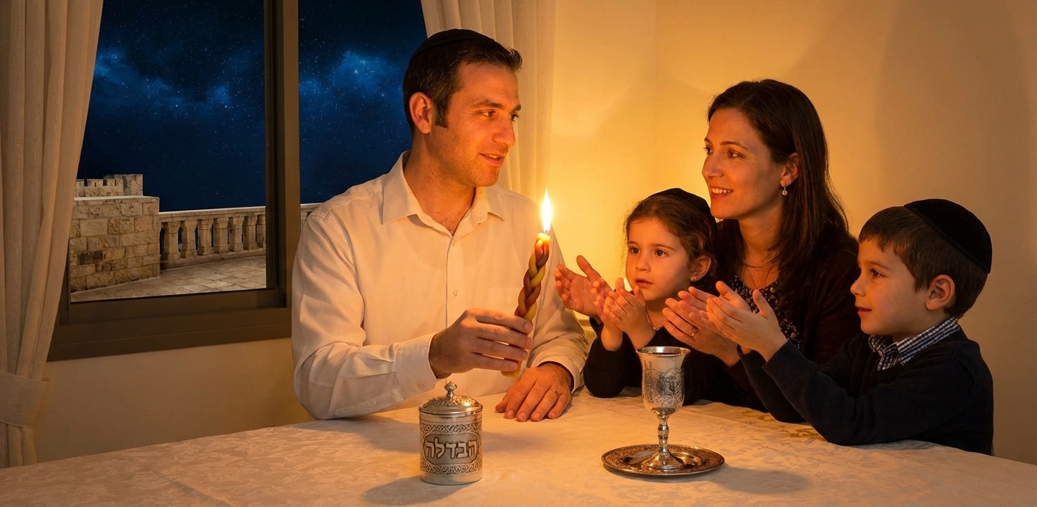 משפחה יהודית מקיימת טקס הבדלה במוצאי שבת, עם נר קלוע, גביע קידוש וקופסת בשמים עליה כתוב 'הבדלה'.