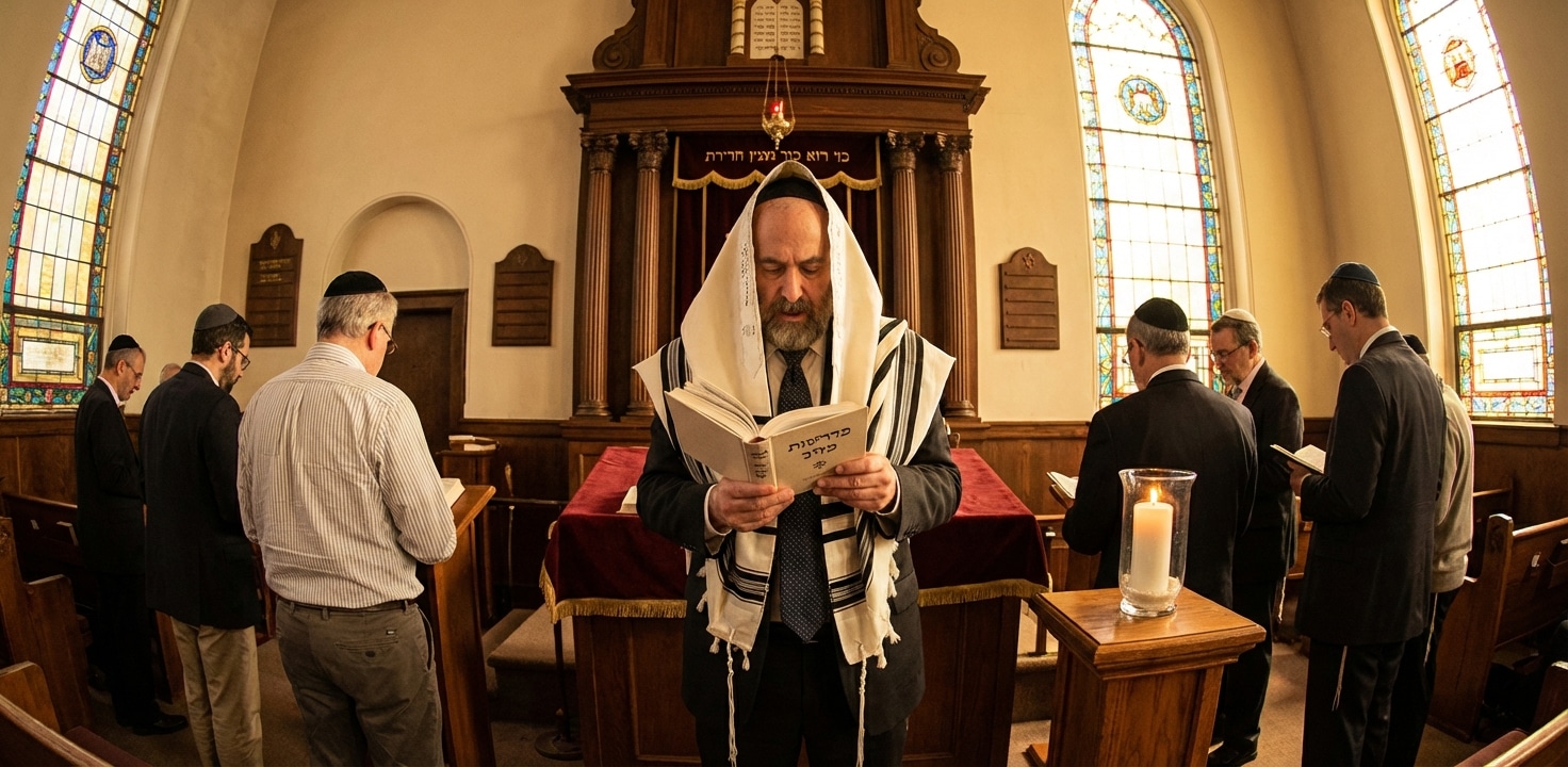 רב עטור בטלית מחזיק סידור ומוביל תפילה בבית כנסת, כשמתפללים אחרים עומדים סביבו.