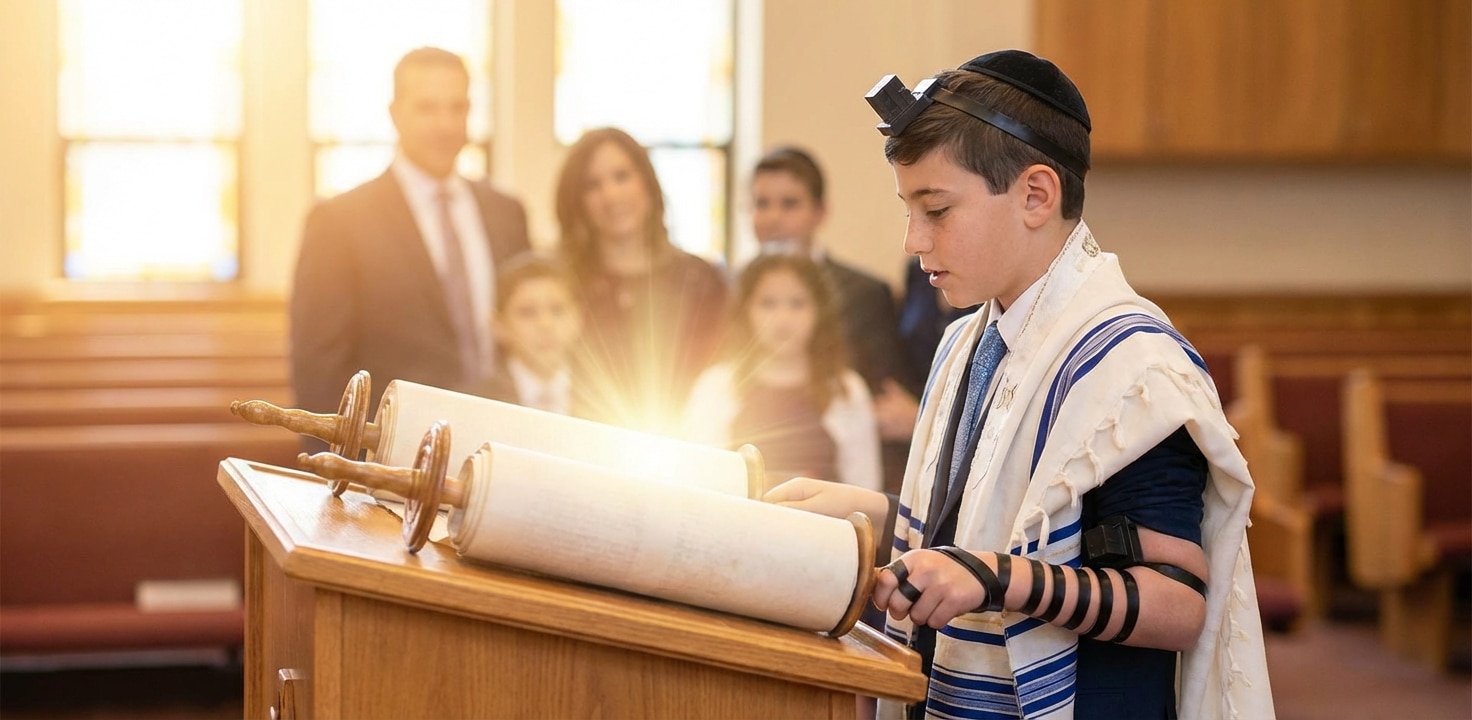 נער בר מצווה עטוף בטלית ותפילין, קורא ספר תורה על הבימה בבית הכנסת, עם משפחתו ברקע.