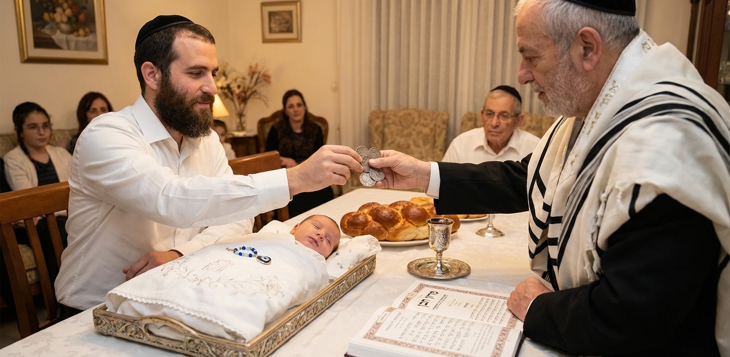 טקס פדיון הבן מסורתי בו האב מעביר חמישה סלעים לכהן לפדיון בנו הבכור, בנוכחות בני משפחה.