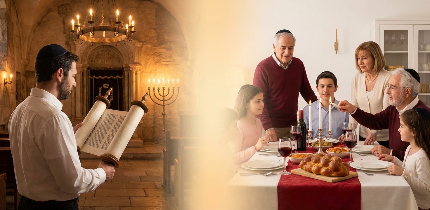 תמונה משולבת המציגה גבר קורא בספר תורה בבית כנסת עתיק לצד משפחה רב-דורית המדליקה נרות שבת סביב שולחן ערוך עם חלות ויין.