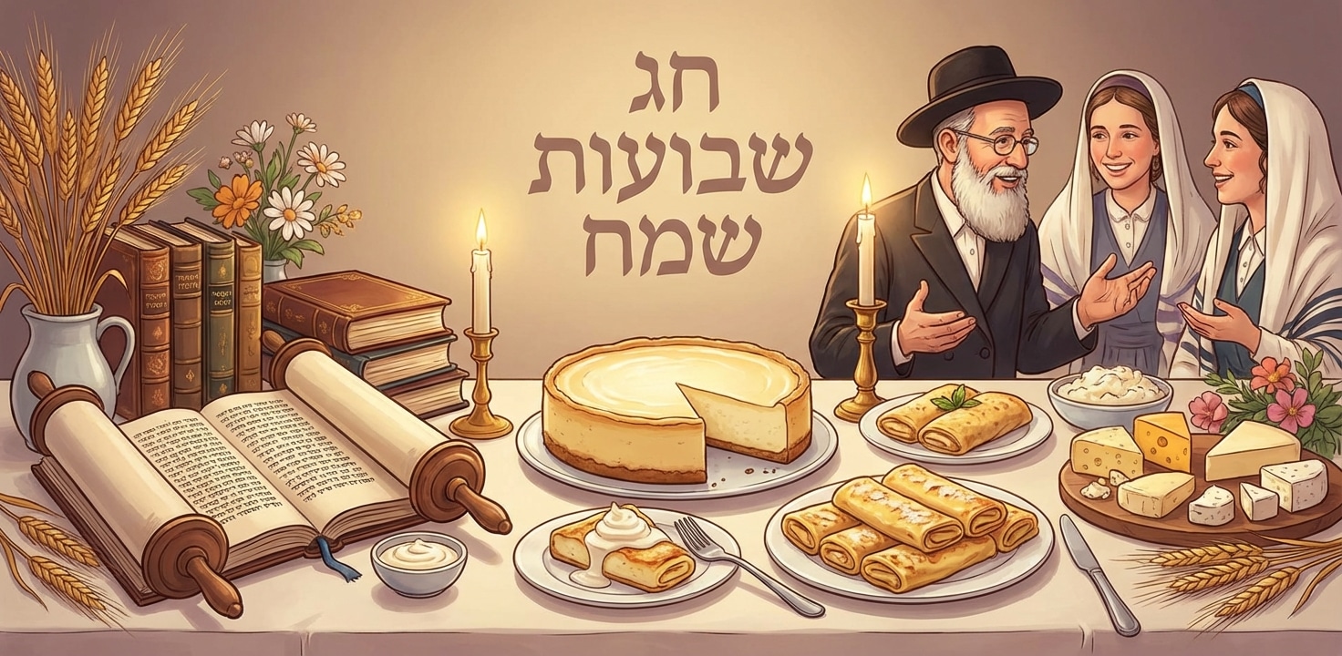 איור חגיגי של משפחה יהודית מציינת את חג השבועות סביב שולחן עמוס במאכלי חלב מסורתיים, כולל עוגת גבינה ובלינצ'ס, לצד ספר תורה פתוח, שיבולים, פרחים ונרות דולקים, עם הכיתוב "חג שבועות שמח" ברקע.