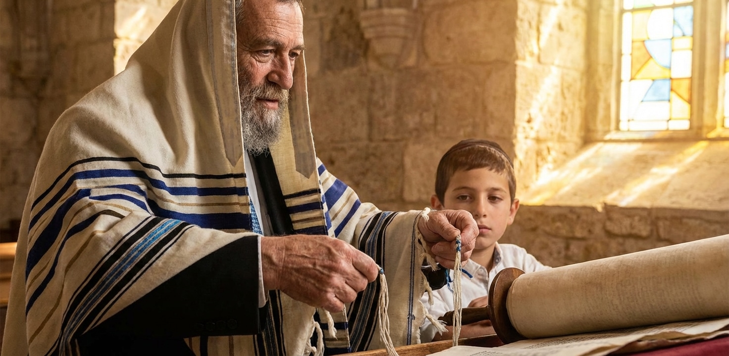 סבא או רב מלמד נער בר מצווה על ציציות הטלית בבית כנסת מול ספר תורה פתוח.