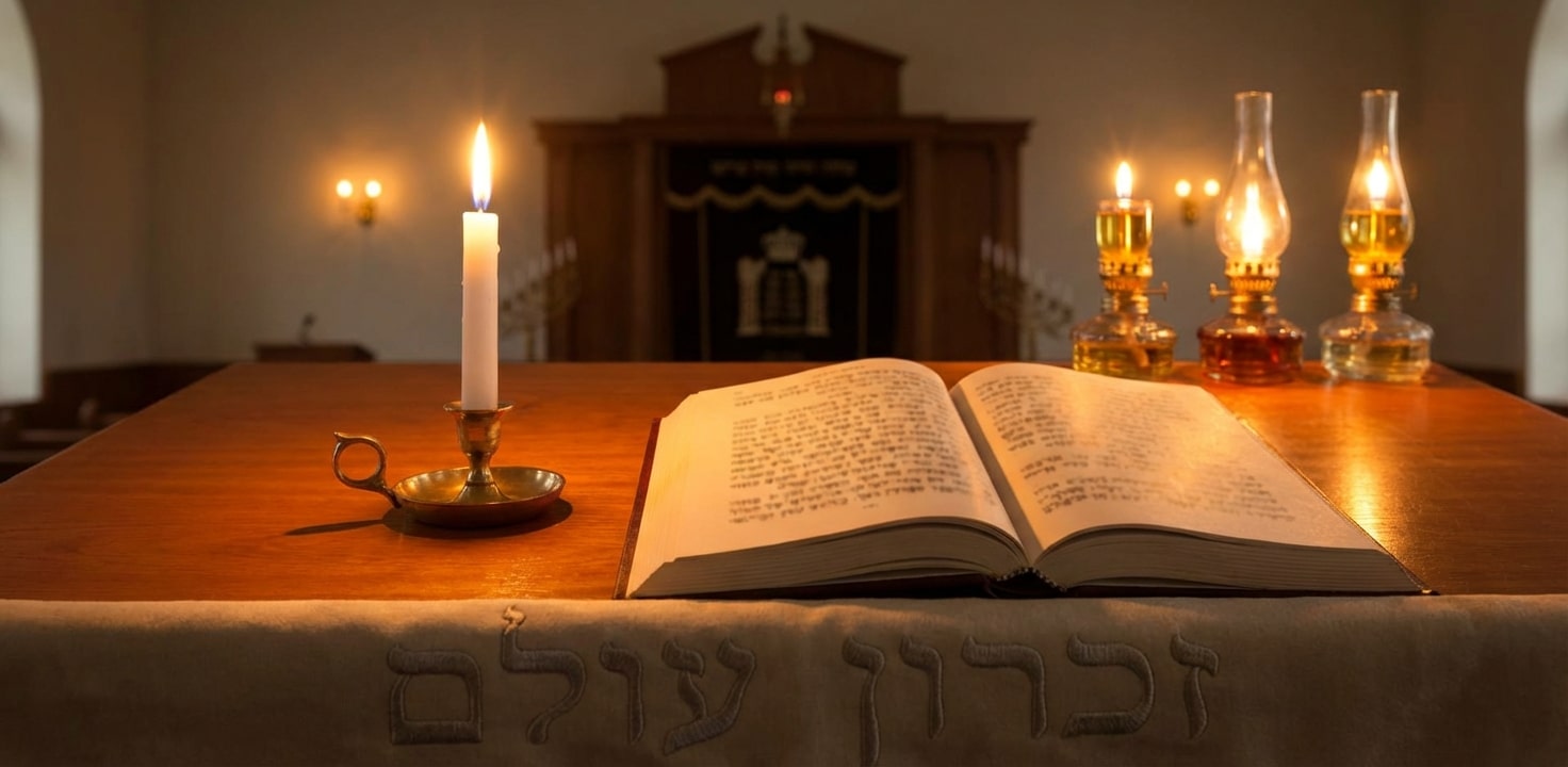 סידור פתוח, נר דולק ועששיות שמן על שולחן בבית כנסת, עם ארון הקודש ברקע.