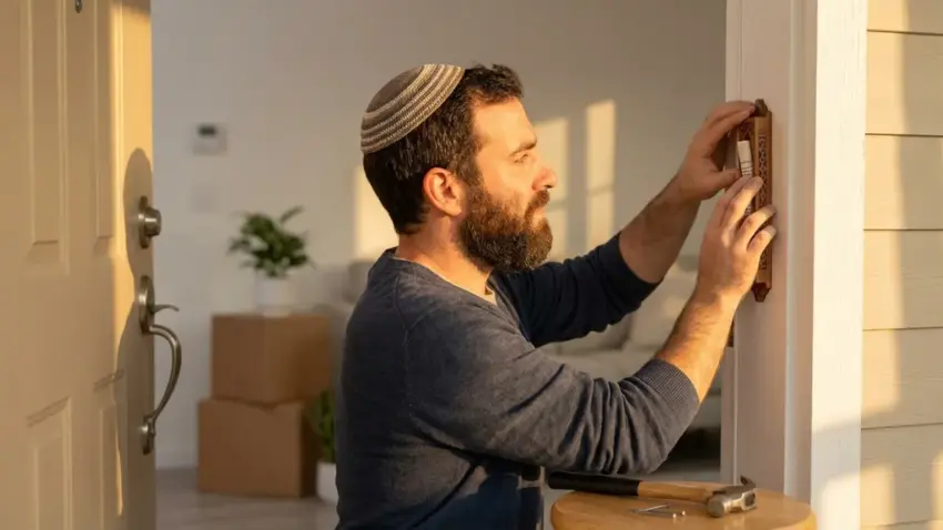 קביעת מזוזה בבית חדש – גבר חובש כיפה מתקין מזוזה על משקוף הדלת בכניסה לבית.