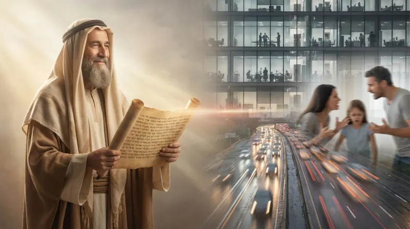 דמות תנ"כית מחזיקה ספר תורה המקרין אור על סצנה של משפחה מודרנית בקונפליקט, כביש מהיר ובניין משרדים