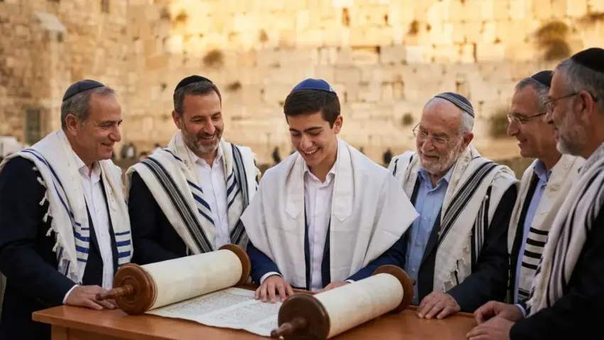 נער חוגג בר מצווה ועולה לתורה בכותל המערבי בירושלים, מוקף בסבים ובני משפחה מבוגרים עטופים בטליתות ומחייכים.