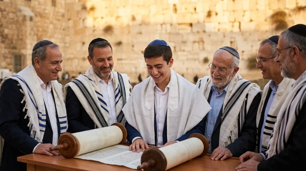 נער חוגג בר מצווה ועולה לתורה בכותל המערבי בירושלים, מוקף בסבים ובני משפחה מבוגרים עטופים בטליתות ומחייכים.