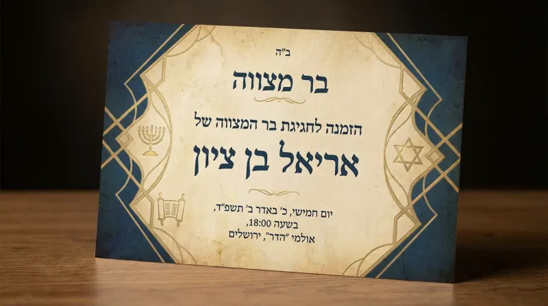 הזמנה מעוצבת לבר מצווה של אריאל בן ציון, עם פרטי האירוע בירושלים וסמלי יודאיקה כמו מנורה, ספר תורה ומגן דוד.