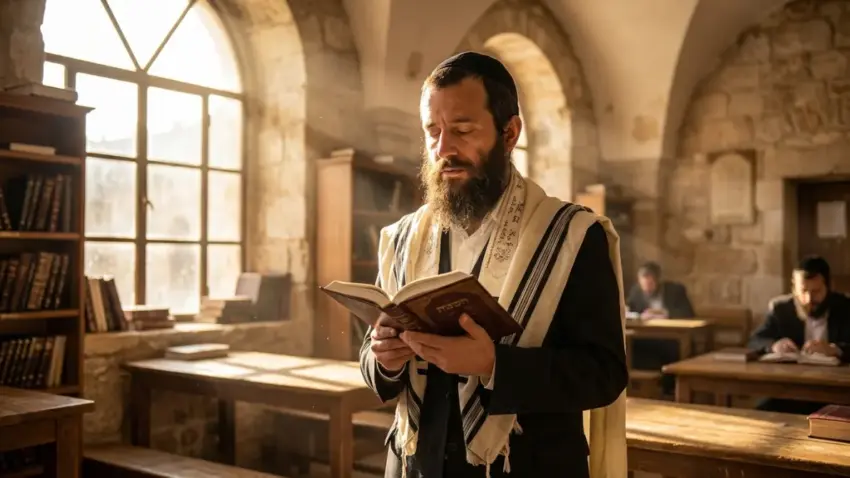 גבר יהודי דתי עטוף בטלית קורא בספר קודש בבית מדרש עתיק שטוף שמש.