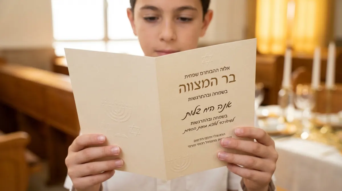 ילד אוחז וקורא הזמנה מעוצבת לטקס בר מצווה בבית כנסת