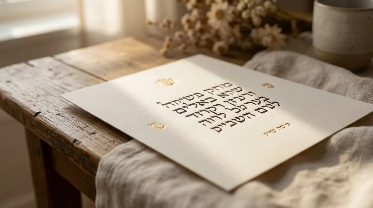 כרטיס ברכה בעבודת יד עם כיתוב "מזל טוב" בדיו זהב, מונח על שולחן עץ כפרי עם בד פשתן ופרחים מיובשים.