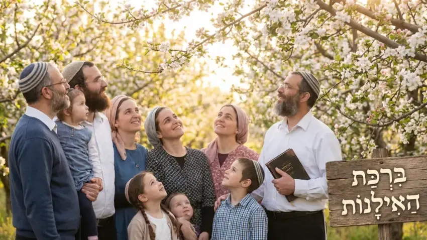 משפחה חרדית גדולה עומדת במטע פרי פורח באביב, מביטים מעלה בשמחה בעת אמירת ברכת האילנות, לצד שלט עץ שעליו כתוב "בִּרְכַּת הָאִילָנוֹת".