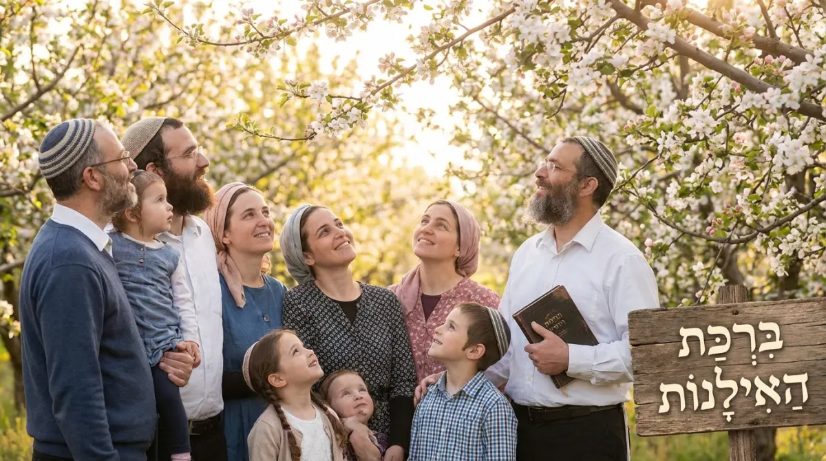 משפחה חרדית גדולה עומדת במטע פרי פורח באביב, מביטים מעלה בשמחה בעת אמירת ברכת האילנות, לצד שלט עץ שעליו כתוב "בִּרְכַּת הָאִילָנוֹת".