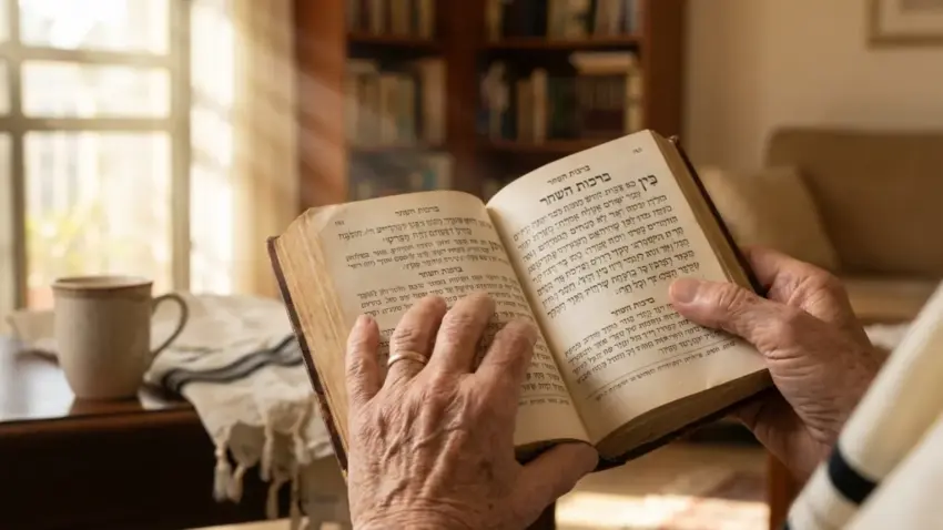 ידיים של אדם מבוגר אוחזות בסידור תפילה ישן פתוח על ברכות השחר, באווירה ביתית ורגועה.