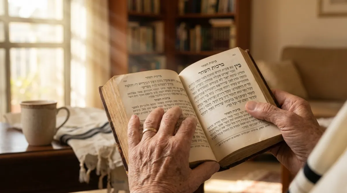 ידיים של אדם מבוגר אוחזות בסידור תפילה ישן פתוח על ברכות השחר, באווירה ביתית ורגועה.