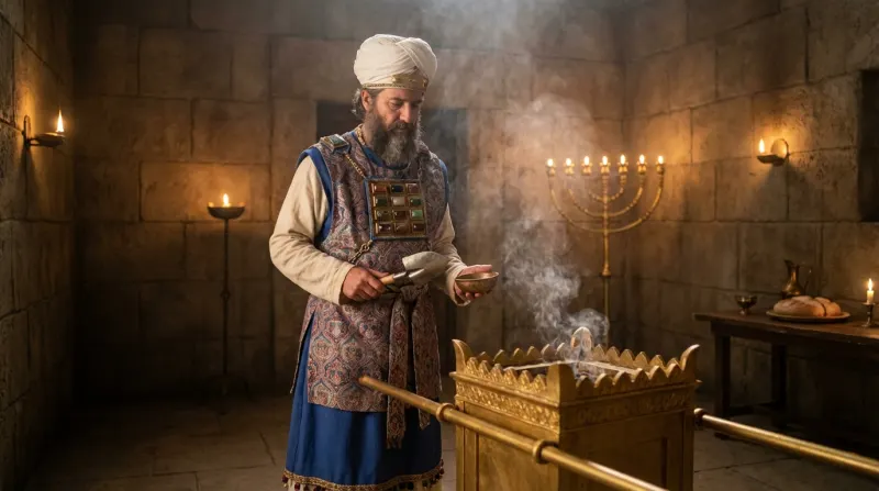 כהן גדול לבוש בבגדי כהונה ובחושן מקטיר קטורת על מזבח הזהב בבית המקדש.
