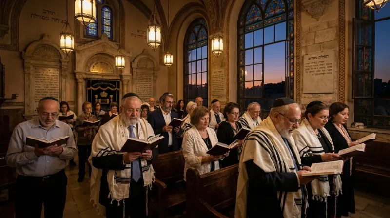 קבוצת מתפללים, נשים וגברים עטופים בטליתות, מתפללים בתוך בית כנסת עתיק ומפואר עם חלונות גדולים המשקיפים על שקיעה מעל עיר עתיקה.