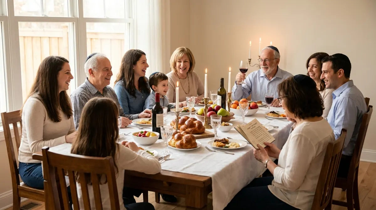 משפחה יהודית רב-דורית גדולה מסבה לשולחן ארוחת חג, עם חלות, יין ונרות דולקים.
