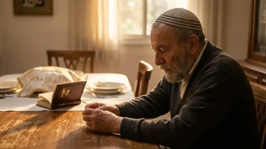 גבר מבוגר חובש כיפה יושב מהורהר ליד שולחן עץ עם ספר תהילים פתוח.