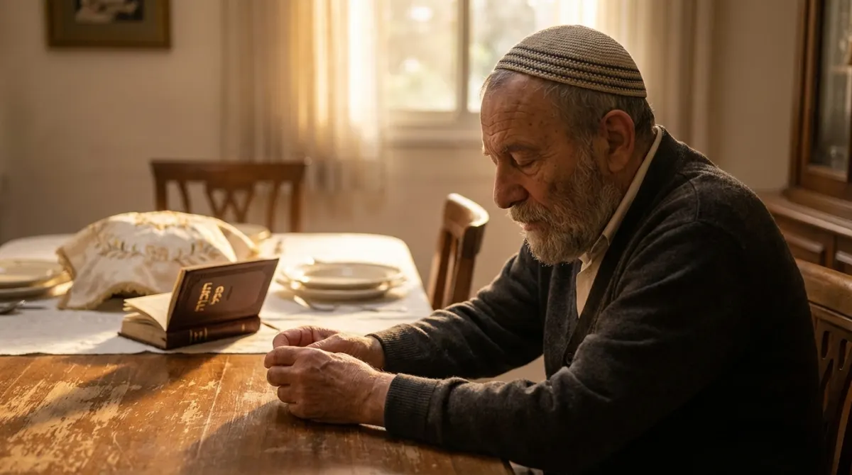 גבר מבוגר חובש כיפה יושב מהורהר ליד שולחן עץ עם ספר תהילים פתוח.