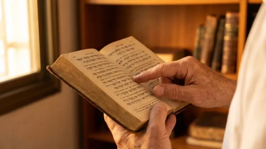 ידיים של אדם מבוגר מחזיקות סידור פתוח ומצביעות על טקסט עברי ליד חלון מואר.