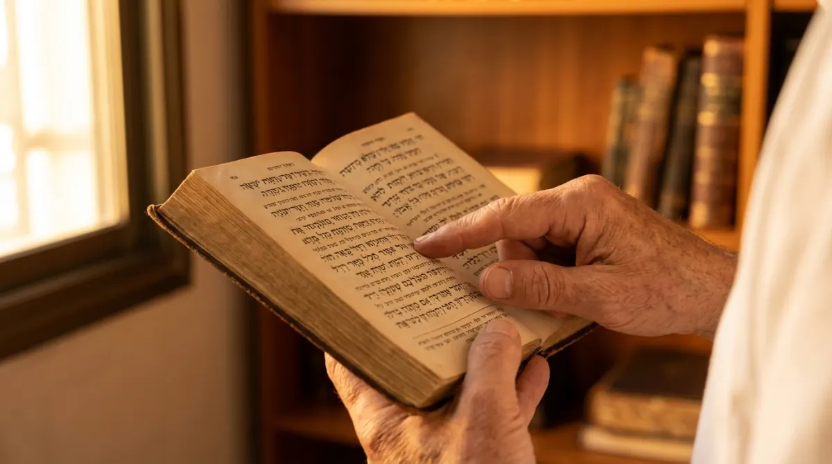 ידיים של אדם מבוגר מחזיקות סידור פתוח ומצביעות על טקסט עברי ליד חלון מואר.
