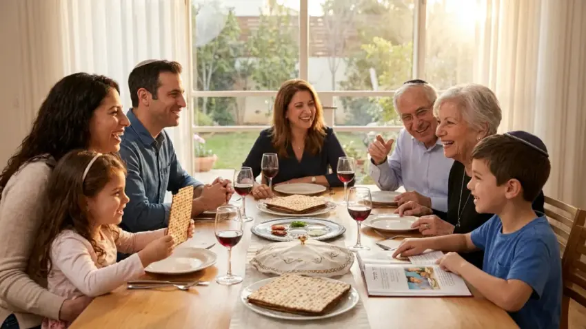משפחה רב דורית מחייכת מסביב לשולחן ליל הסדר עם מצות, יין והגדה לפסח.