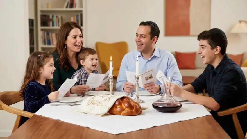 משפחה יהודית עם שלושה ילדים יושבת סביב שולחן שבת, מחייכים ומחזיקים סידורים, עם נרות דולקים, חלה ויין.