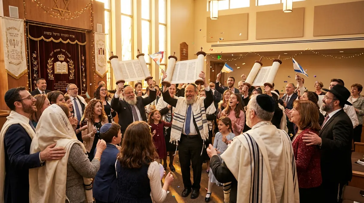 קהילה חוגגת בבית כנסת, רוקדים עם ספרי תורה מורמים ודגלי ישראל.