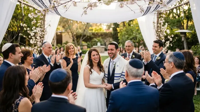זוג חתן וכלה שמחים צוחקים מתחת לחופה בחתונה יהודית בחוץ מוקפים במשפחה ואורחים מוחאים כפיים