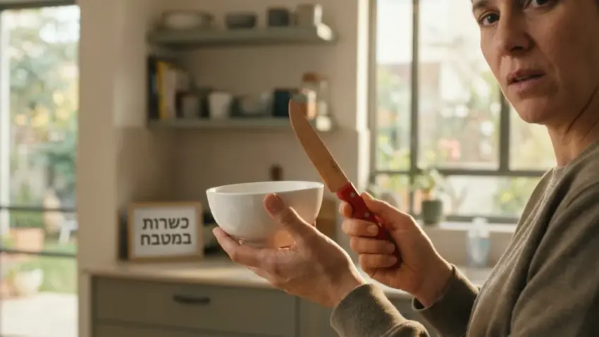 אישה מחזיקה קערה וסכין במטבח, עם שלט 'כשרות במטבח' ברקע