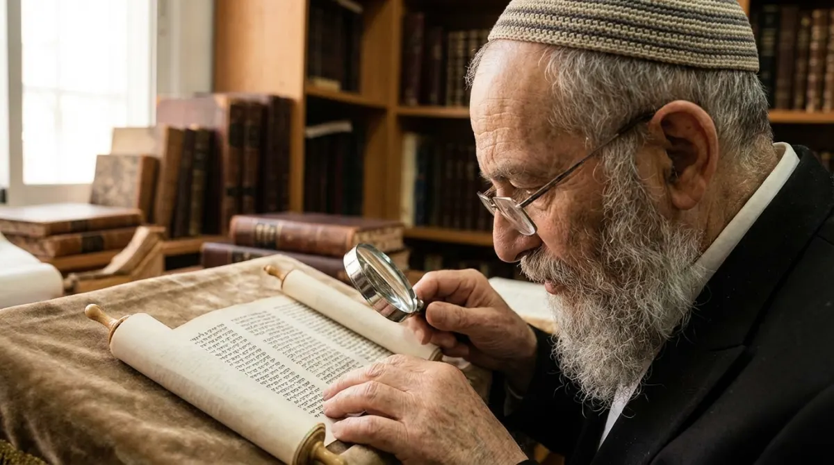 איש מבוגר חובש כיפה ומשקפיים מעיין במגילה עתיקה בעזרת זכוכית מגדלת, מוקף בספרי קודש.