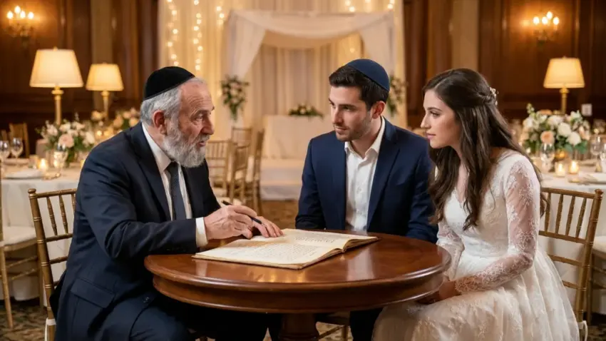 רב יושב עם חתן וכלה סביב שולחן עגול ומצביע על ספר הכתובה לפני טקס החופה.