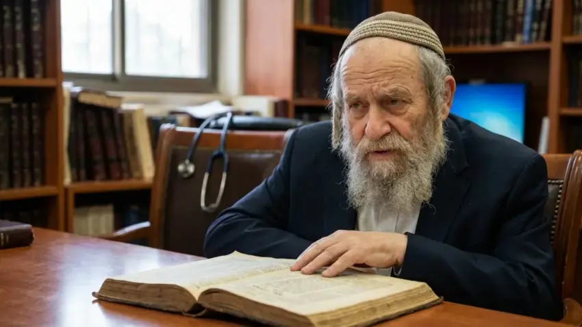 רב מבוגר בעל זקן לבן וכיפה יושב ליד שולחן עץ ולומד בספר פתוח גדול, כאשר סטטוסקופ רפואי תלוי על משענת הכיסא מאחוריו בספרייה.