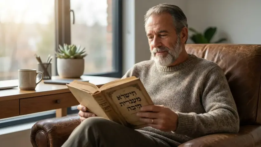 גבר מבוגר עם זקן יושב בכורסת עור וקורא ספר עברי בשם 'תשרי מענית חיבה' באור טבעי מחלון.