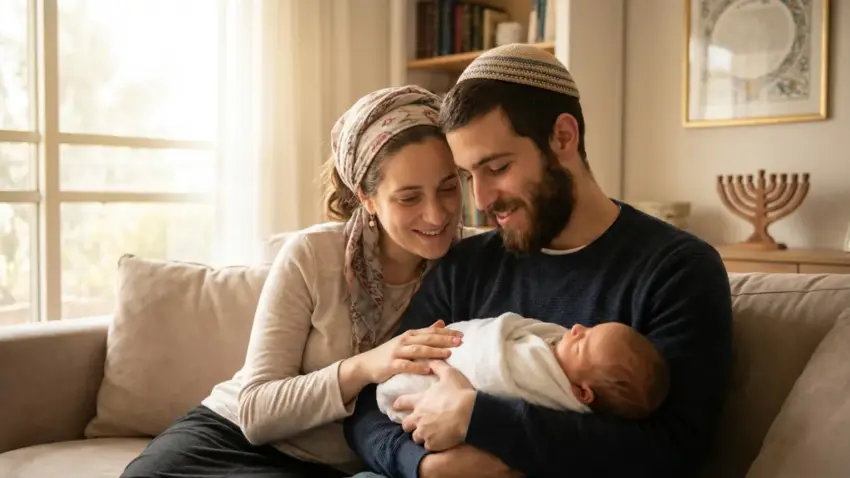 זוג הורים דתיים צעירים מחייכים ומחזיקים בעדינות תינוק שזה עתה נולד בסלון ביתם המואר.