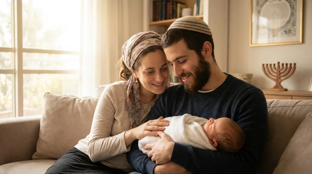 זוג הורים דתיים צעירים מחייכים ומחזיקים בעדינות תינוק שזה עתה נולד בסלון ביתם המואר.