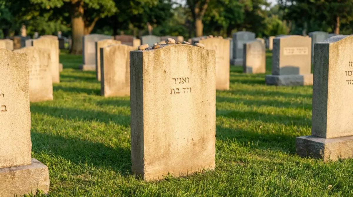 מצבה בבית עלמין יהודי עם אבנים קטנות מונחות עליה