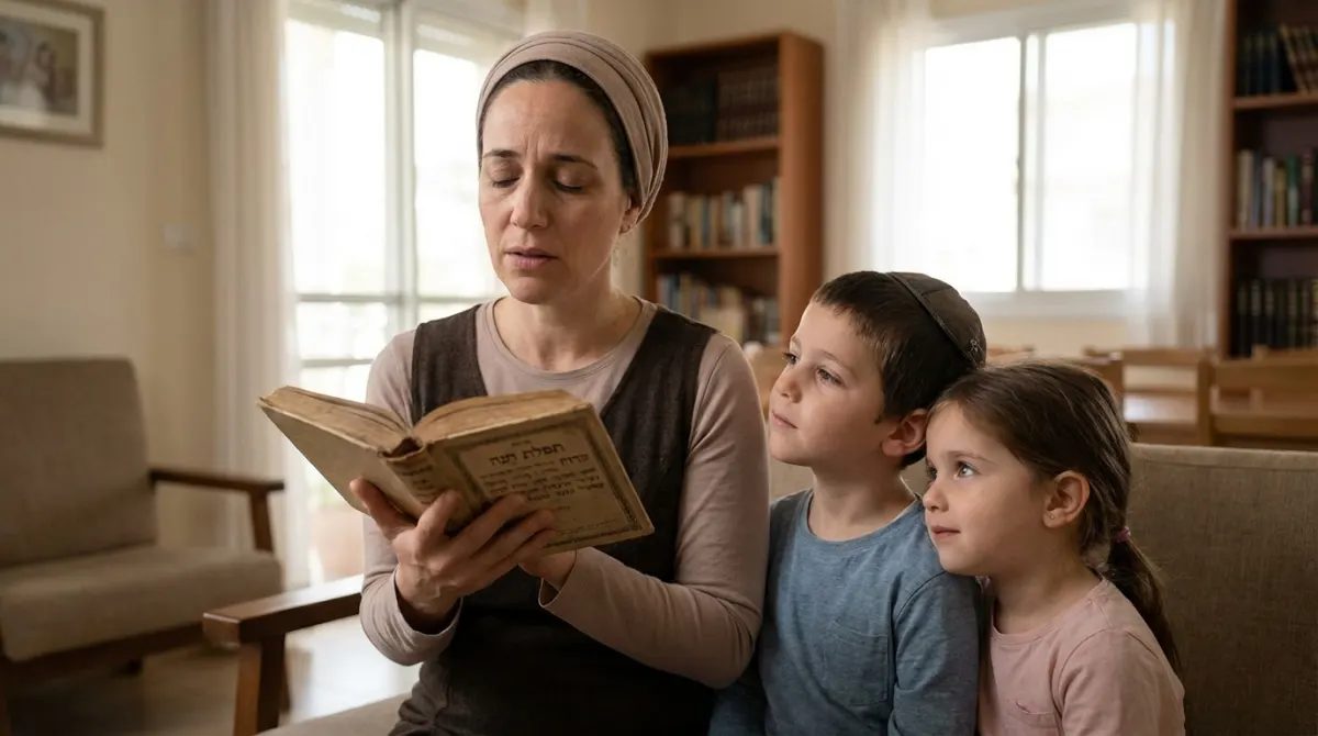 אם דתייה חובשת מטפחת קוראת מסידור עתיק לבנה החובש כיפה ולבתה בביתם