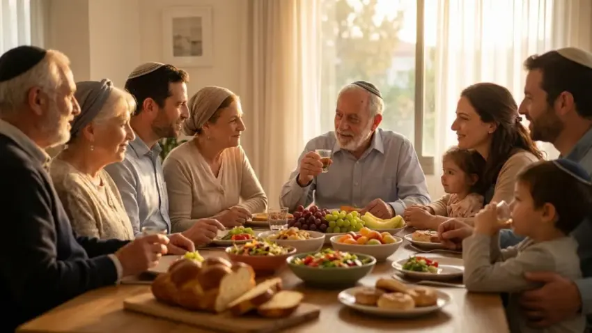 משפחה יהודית רב-דורית יושבת סביב שולחן ערוך לארוחת חג או שבת, עם חלות ומאכלים שונים. סב המשפחה מרים כוס לקידוש.