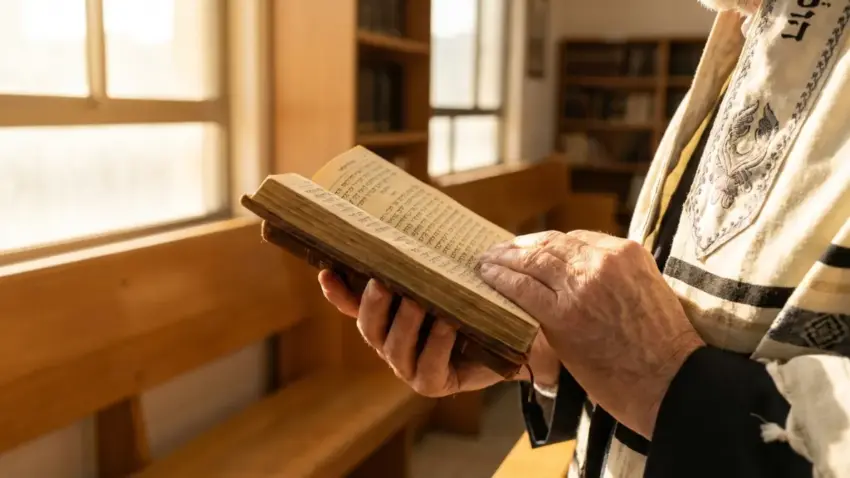 ידיים של אדם מבוגר עטוף בטלית מחזיקות סידור תפילה פתוח בבית כנסת מואר.