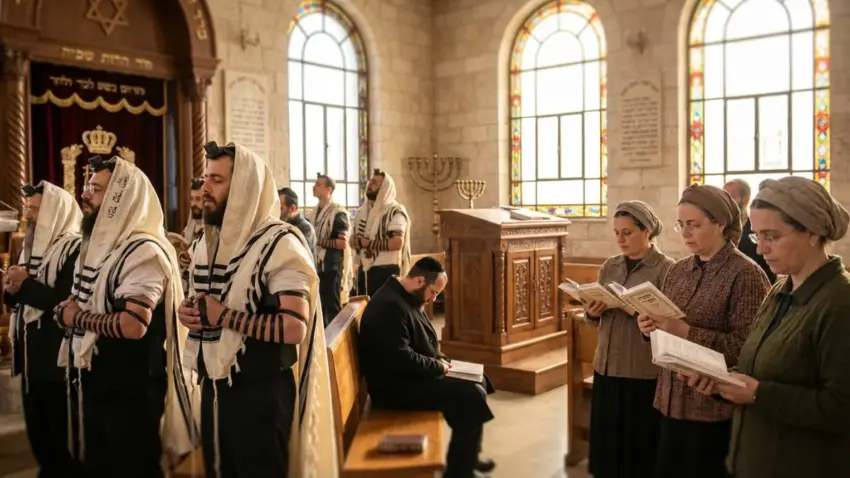 גברים ונשים בתפילה בבית כנסת עתיק, לבושים בטלית ותפילין.