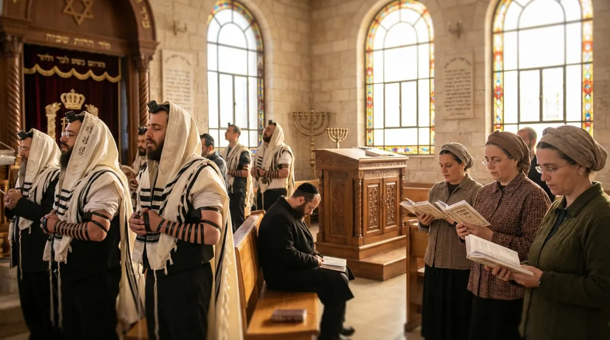 גברים ונשים בתפילה בבית כנסת עתיק, לבושים בטלית ותפילין.