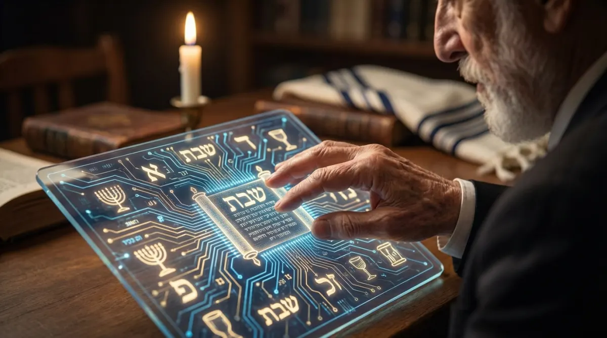 גבר מבוגר דתי נוגע בלוח דיגיטלי שקוף המציג את המילה 'שבת', מנורה, גביע קידוש וטקסט עברי, בחדר מסורתי עם נר וספרים.
