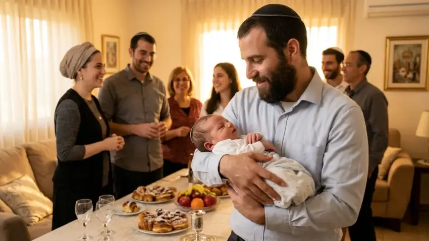 אב דתי חובש כיפה מחזיק בחיוך תינוק רך הנולד, מוקף במשפחתו המורחבת במהלך התכנסות חגיגית בבית עם שולחן כיבוד.